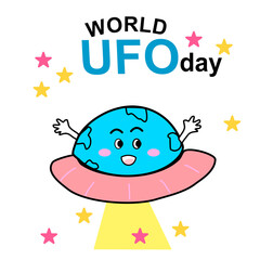 hand drawn of smiling blue world UFO cartoon with pink skirt with stars on white background with word world UFO day