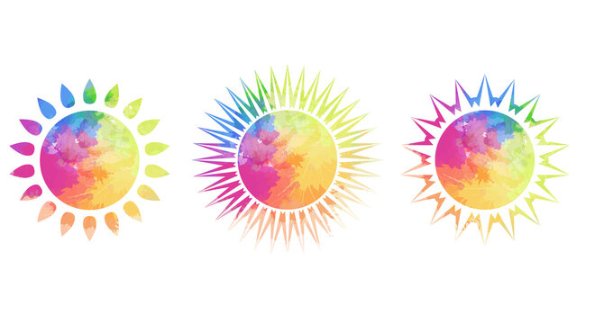 Set of different silhouettes of the suns with rainbow watercolor splashes on a white background. A month of pride. Shining love to all. Vector object for icons, logos, infographics and your design.