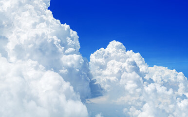 White cumulus clouds on clear blue sky background close up, beautiful aerial cloudscape view, azure skies backdrop, fluffy cloud texture, sunny heaven, cloudy weather, cloudiness landscape, copy space