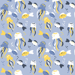 Fototapeta premium vector sea octopus tentacles fish blue funny cute childish illustration seamless pattern