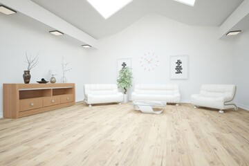 modern room with sofa,table,cupboard,frames,clock and plant interior design. 3D illustration