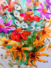 Abstract bright colored decorative background . Floral pattern handmade . Beautiful tender romantic bouquet of summer flowers , made in the technique of watercolors from nature.