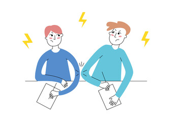 Being left handed: right-left elbow war. Sharing the desk with lefty. Left-handed boy and his right-handed school partner. Vector illustration, modern line style