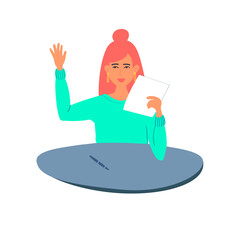 A smiling female student holds a paper with a successful test.A happy, confident student answers the exam. A student sitting at a table in the exam.Vector illustration in flat style