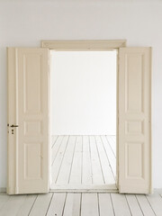 Old white doors leading into a white space. Empty rooms with white walls and white floors.