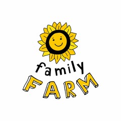 Smiling sunflower with the inscription family farm.
