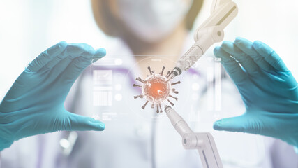 Doctor hand hold transparent tablet display showing corona virus cell with robotic arm.