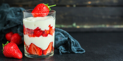 strawberry dessert cream mascarpone cottage cheese layers millefeuille Menu concept serving size. food background top view copy space for text keto or paleo diet organic