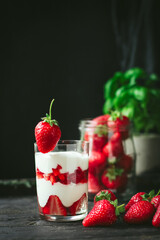 strawberry dessert cream mascarpone cottage cheese layers millefeuille Menu concept serving size. food background top view copy space for text keto or paleo diet organic