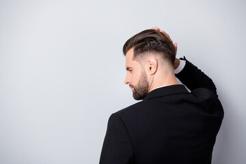 Back rear profile side photo of handsome entrepreneur ready partnership meeting visit barbershop...
