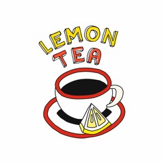 A mug of tea with a saucer and a slice of lemon.