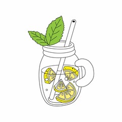 Lemonade in a glass jar with a straw with lemon and ice.