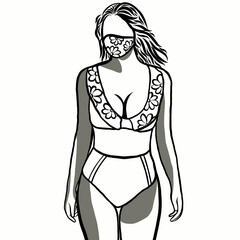 Line drawn,Beautiful women wearing a variety of swimwear,swimsuit or bikini in different styles.Creative with illustration in flat design.