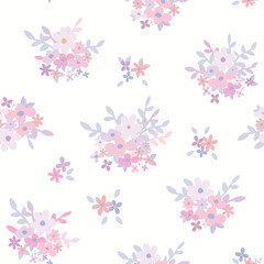 Beautiful seamless floral pattern with Scandinavian bouquet on white background. Pale color flower.