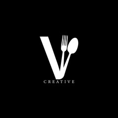 Combination fork and spoon flat V letter logo design