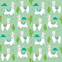 Vector seamless pattern with llama, alpaca, cactus, mountain. Childish texture print for fabric, case, textile, wallpaper. Trendy cartoon llama illustration.