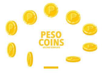 Philippine Peso sign golden coins isolated on white background. Set of flat icon design of coin with symbol at different angles.