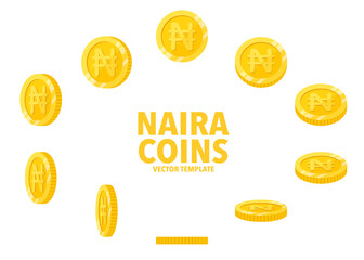 Nigeria Naira sign golden coins isolated on white background. Set of flat icon design of coin with symbol at different angles.