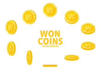 Korea Won sign golden coins isolated on white background. Set of flat icon design of coin with symbol at different angles.