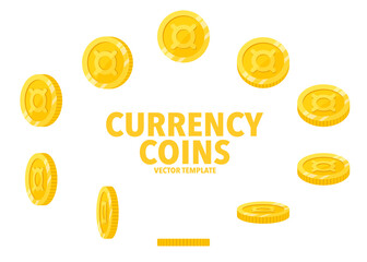 Any currency sign golden coins isolated on white background. Set of flat icon design of coin with symbol at different angles.