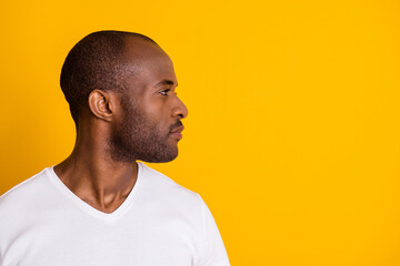 Close-up profile side view portrait of his he nice attractive calm content serious guy shaven beard...