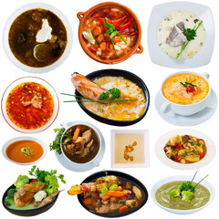 Set of various soups and broths