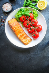 salmon barbecue grill fried Menu concept serving size. food background top view copy space for text keto or paleo pescatarian diet organic 