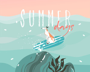 Hand drawn vector stock abstract graphic illustration with a surfing dog and typography Summer days text isolated on ocean wave landscape background - obrazy, fototapety, plakaty