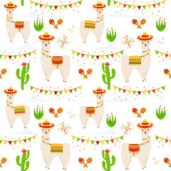 Vector seamless pattern with llama, alpaca, cactus, maracas, firework, saddlery, sombrero hat, flags garlands. Illustration for fabric, case, textile, wallpaper. Fiesta pattern. © MaryDesy