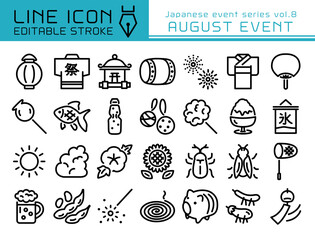 ラインアイコン　日本のイベントシリーズvol.8　8月　夏祭り、夏休み、お盆