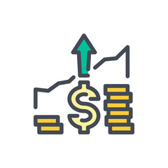 Price Increase with Dollar, Arrow up and Stack of Coins color line icon. Financial Growth vector outline colorful sign.