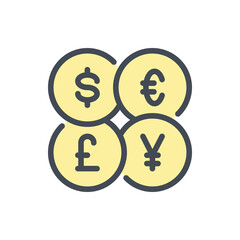 Currency Exchange color line icon. Dollar, Euro, Pound and Yuan vector outline colorful sign.