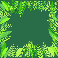 Fototapeta na wymiar Vector background with leaves with place for text. Illustration of tropical leaves as flat lay. Frame with space for text. Green leaf as vector object. 