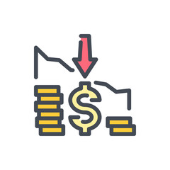 Price Reduction with Dollar, Arrow down and Stack of Coins color line icon. Financial Recession vector outline colorful sign.