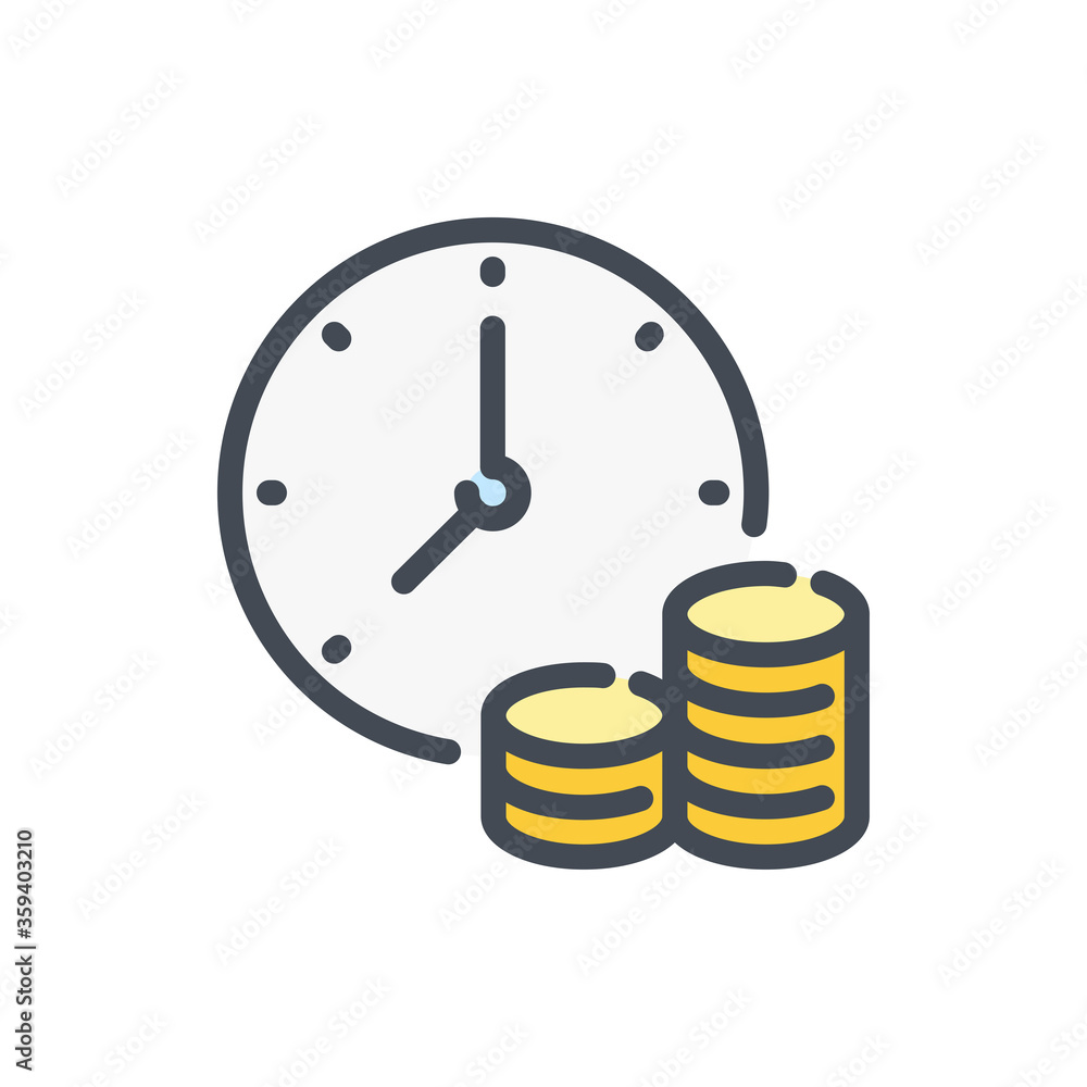 Aufkleber time is money color line icon. time with stack of coins vector outline colorful sign.