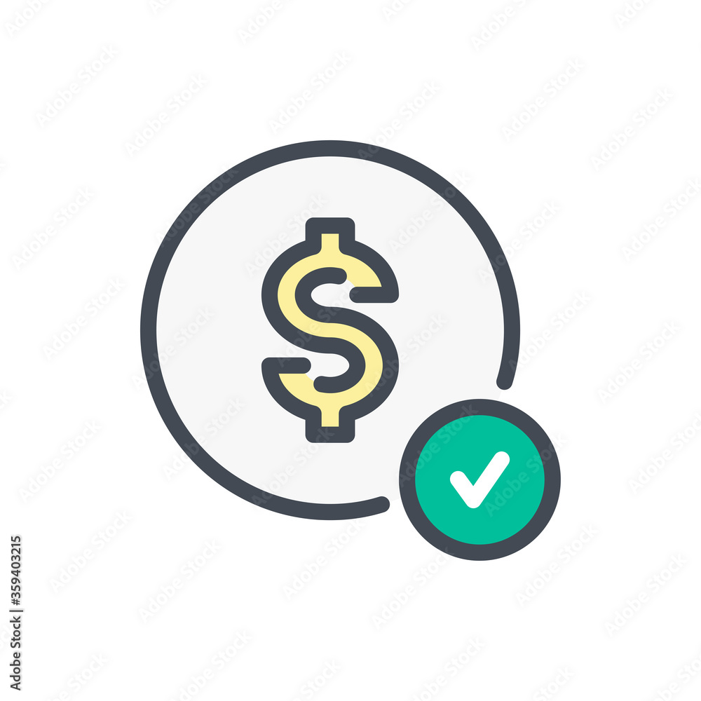 Poster payment confirmation color line icon. dollar with checkmark vector outline colorful sign.