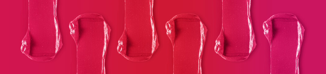 Red pink lipstick smudges on gradient color background. Colorful make up banner