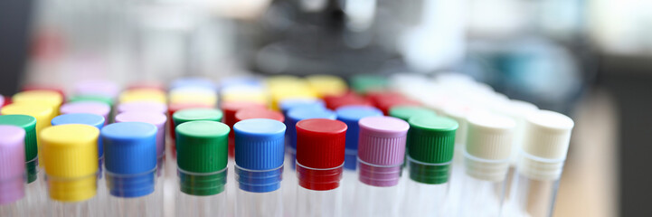 Test tubes with colored caps are in laboratory. Test results for coronavirus. Virological laboratory. Adapted for special experiments and research. Analytical or sanitary stations