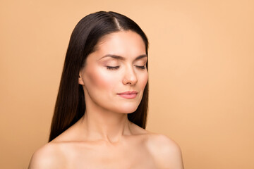 Closeup photo of amazing mature latin lady closed eyes peaceful harmony natural beauty concept...