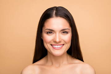 Close-up portrait of her she nice-looking attractive pretty cheerful cheery woman with pure silky perfect tone skin salon procedure peeling effect isolated over beige pastel color background