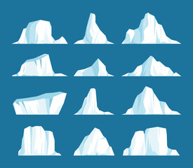Vector set of floating icebergs in flat cartoon style. Arctic, Antarctic and North Pole ice frozen mountain landscape, freeze ocean, arctic glacier, snow caps. Environment protection concept.