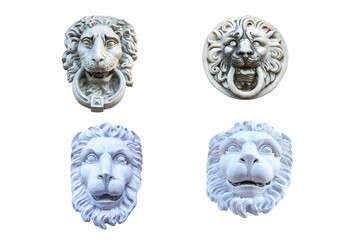 four plaster sculptures of lion heads to decorate the facade of the building isolated on a white background