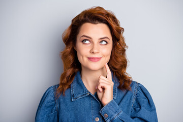 Closeup photo of attractive wavy foxy lady look up empty space dreamer person thinking over...