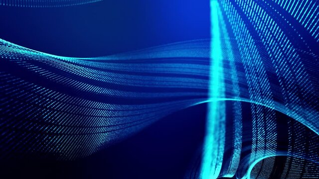 4k looped abstract background of glow particles form lines, surfaces as futuristic landscape in cyberspace or hologram. Sci-fi theme of microworld, nanotechnology or cosmic space. Blue spiral 5