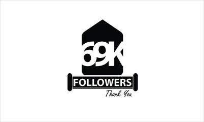 69K,69.000 Followers Thank you. Sign Ribbon All Black space vector illustration on White background - Vector