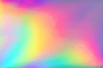 Abstract trendy rainbow holographic background in 80s style. Blurred texture in violet, pink and mint bright neon colors.