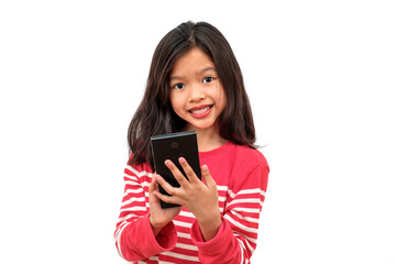 Happy asian girl holding smartphone using mobile online apps,