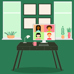 Illustration flat design concept video conference. Online meeting work from home. Vector illustration.