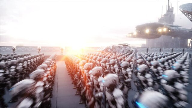 invasion of military robots. Dramatic apocalypse super realistic concept. Future. 4k animation.