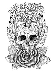 Black and white wiccan emblem with skull, human hands, rose flower and tree. Esoteric, occult and gothic illustration, Halloween mystic background, engraved outline drawing, tattoo vintage print.